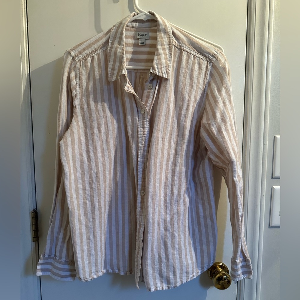 J. Crew White & Tan Beige Striped Button Down Blouse Shirt Size Large